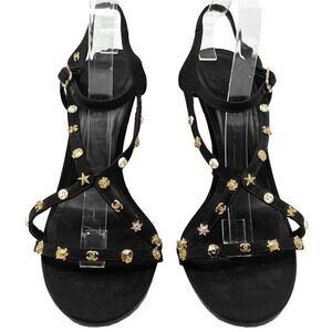 Chanel‎ Black Strappy Heels Gold Logo Studded Sandals Size 41